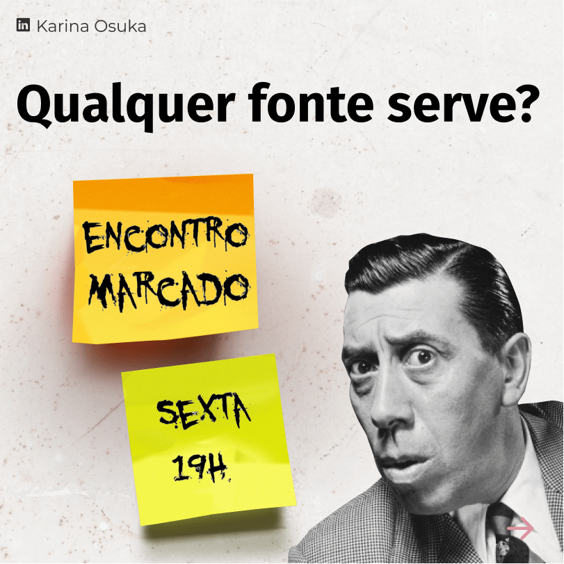 Homem com a expressão duvidosa ao ver um recado de 'Encontro marcado, sexta às 19 horas' com a tipografia que remete a um estilo de terror.