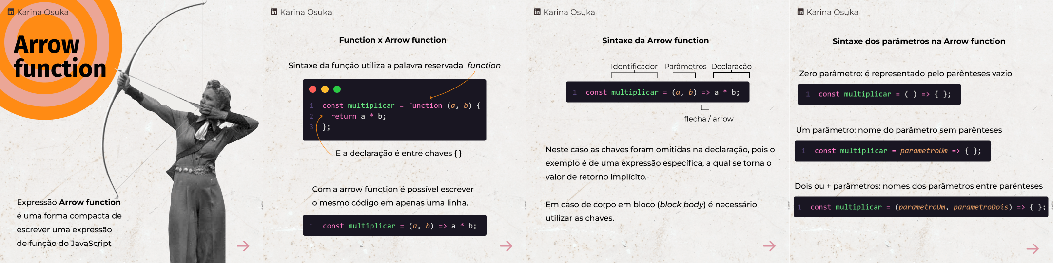 Mulher com arco e flecha apontando para o título Arrow Function
