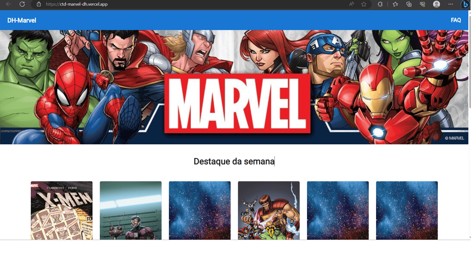 Aplicação web, com os quadrinhos da Marvel.